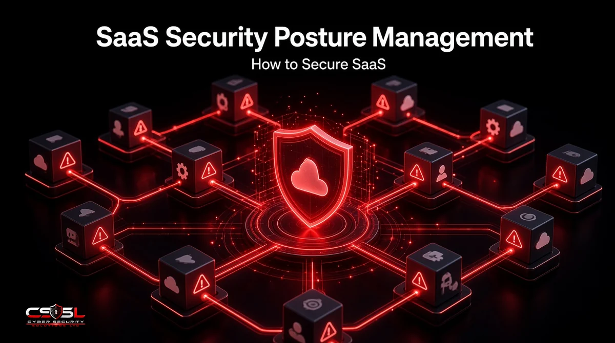 SaaS security posture management dashboard showing an SSPM platform scanning Microsoft 365, Google Workspace, Salesforce and Slack for misconfigurations, excessive permissions, missing MFA and risky third-party app integrations, with a posture score and remediation steps