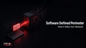Software defined perimeter diagram showing an SDP controller verifying a user and device before opening an encrypted tunnel to hidden servers behind a dark gateway