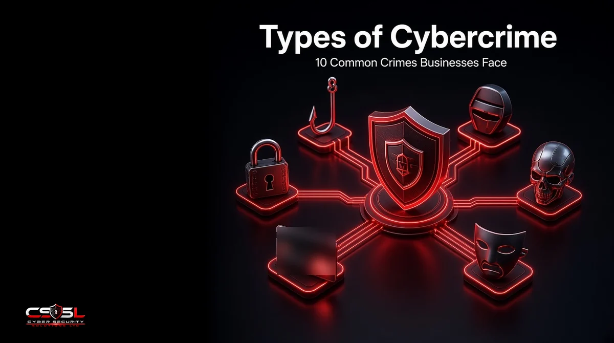 Infographic of the 10 types of cybercrime businesses face, including phishing, business email compromise, ransomware, data breaches, identity theft, payment fraud, malware, DDoS attacks, insider threats and cryptojacking, each paired with a defense icon