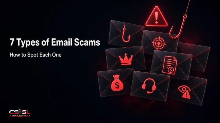 Types of email scams infographic showing phishing, spear phishing, BEC, fake invoice, advance-fee, tech support and sextortion emails with red flags