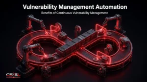 Vulnerability management automation workflow showing continuous vulnerability management stages of asset discovery, scanning, risk prioritization with EPSS and CISA KEV, automatic ticketing, patching and fix verification in a repeating loop