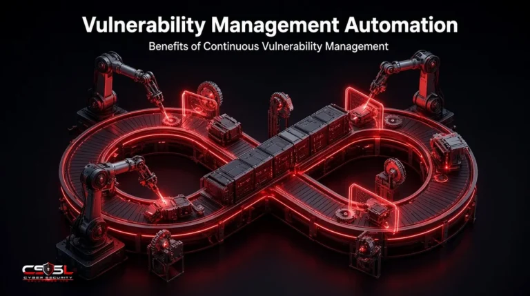 Vulnerability management automation workflow showing continuous vulnerability management stages of asset discovery, scanning, risk prioritization with EPSS and CISA KEV, automatic ticketing, patching and fix verification in a repeating loop