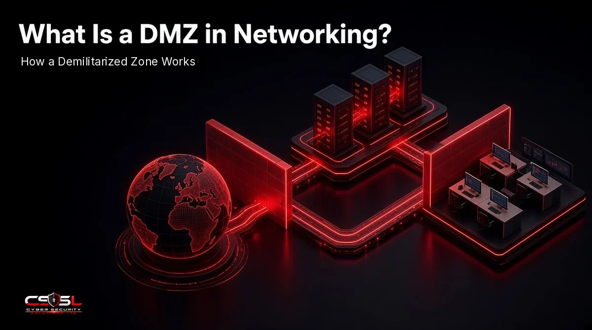 DMZ in networking diagram showing a dual-firewall demilitarized zone with web, email and DNS servers isolated between the internet and the internal LAN