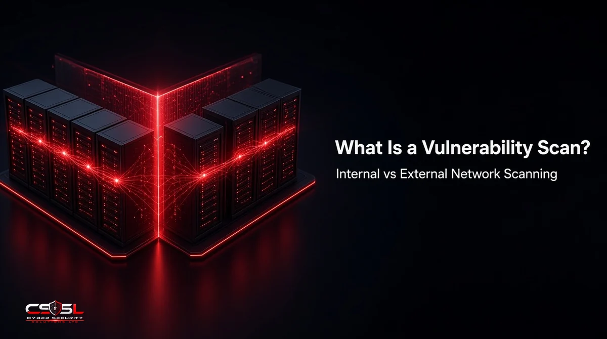Network vulnerability scanning diagram comparing an internal vulnerability scan inside the firewall with an external vulnerability scan from the internet, showing a scanner detecting open ports, missing patches and CVEs on servers and laptops