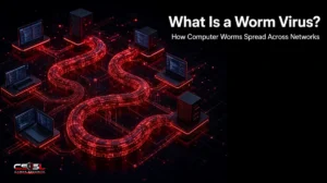 What is a worm virus diagram showing a computer worm exploiting an unpatched server and spreading from one infected laptop to other computers, servers and IoT devices across a business network, stopped by patching and network segmentation