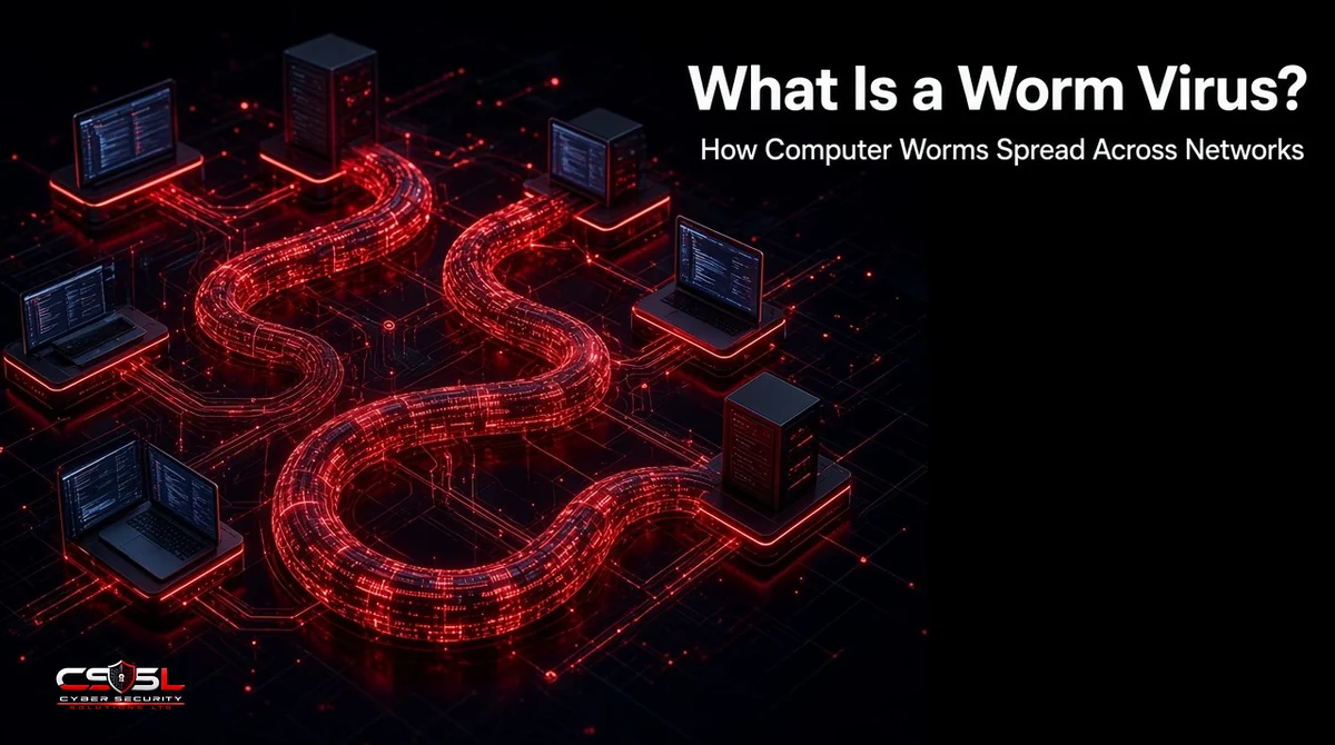 What is a worm virus diagram showing a computer worm exploiting an unpatched server and spreading from one infected laptop to other computers, servers and IoT devices across a business network, stopped by patching and network segmentation