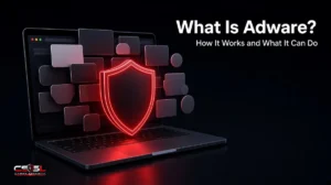 Illustration explaining what is adware, showing a business laptop and smartphone flooded with pop-up ads, browser redirects and a tracking icon collecting browsing data, next to an anti-malware scan removing the adware