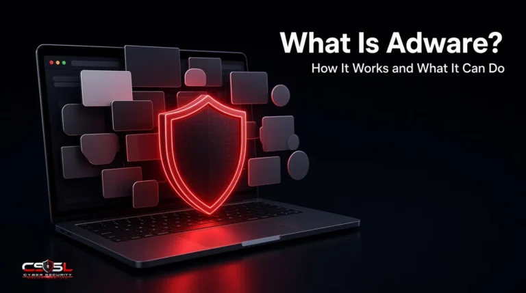 Illustration explaining what is adware, showing a business laptop and smartphone flooded with pop-up ads, browser redirects and a tracking icon collecting browsing data, next to an anti-malware scan removing the adware
