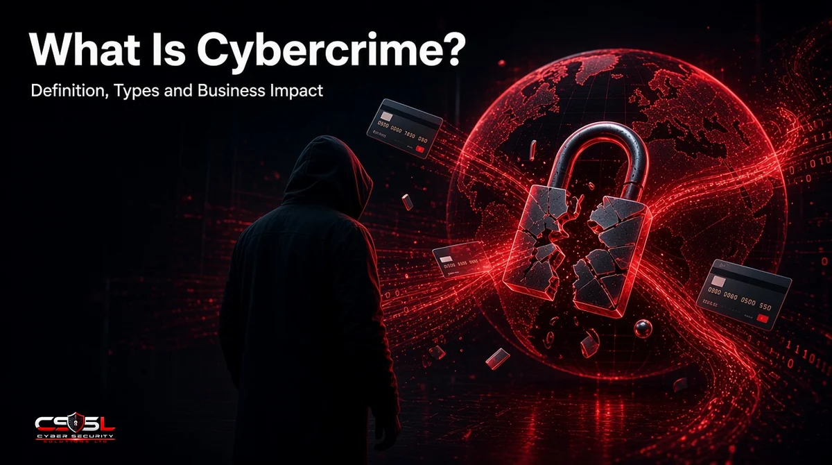 What is cybercrime infographic showing phishing, ransomware, identity theft, online fraud and data breaches targeting a small business network, with prevention steps like MFA, backups and staff training
