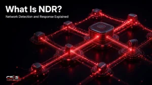 Diagram explaining what is NDR, showing network sensors capturing east-west and north-south traffic from servers, laptops, IoT devices and cloud workloads, with analytics flagging lateral movement and data exfiltration for the SOC